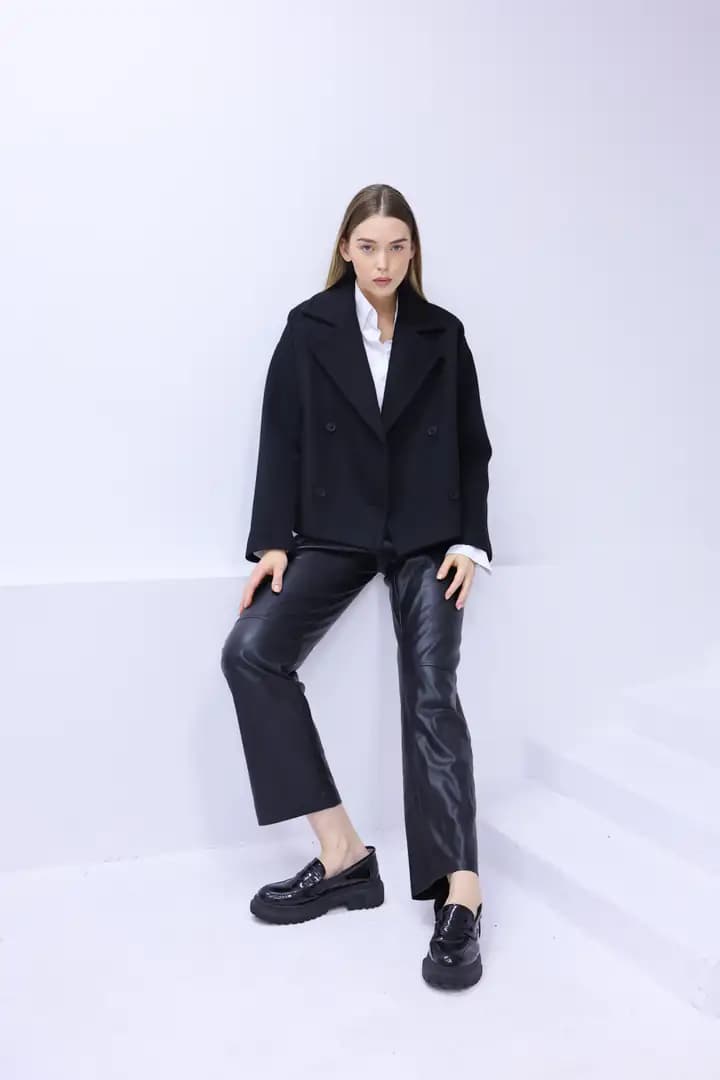 Kısa Oversize Kaşe SIYAH Kaban