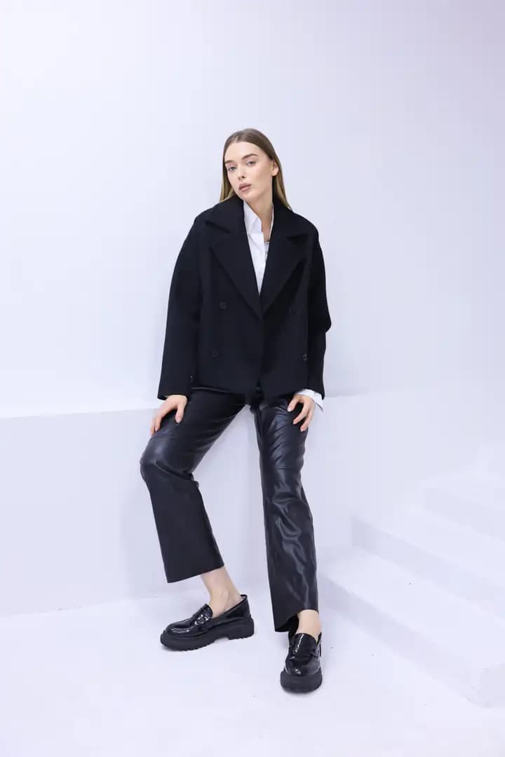 Kısa Oversize Kaşe SIYAH Kaban