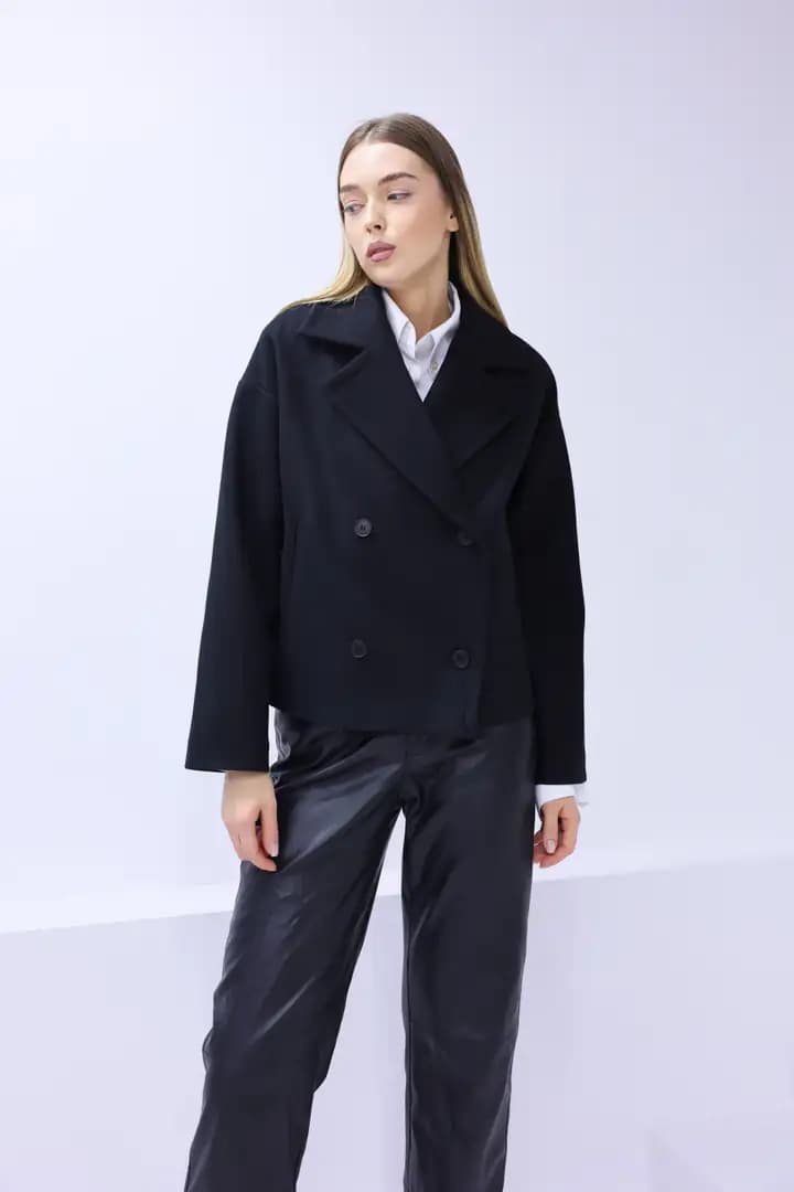 Kısa Oversize Kaşe SIYAH Kaban 5