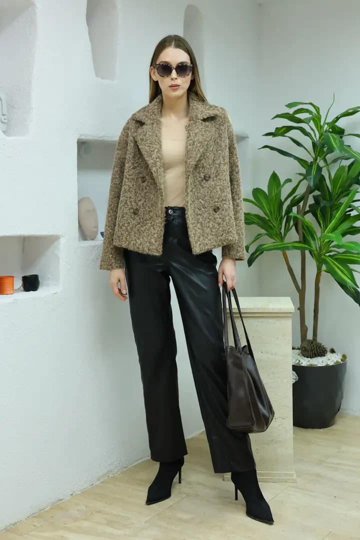 Kısa oversize yün KAHVE kaban