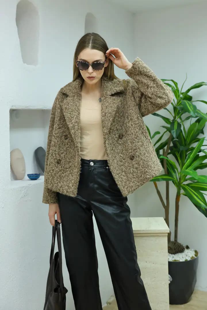 Kısa oversize yün KAHVE kaban