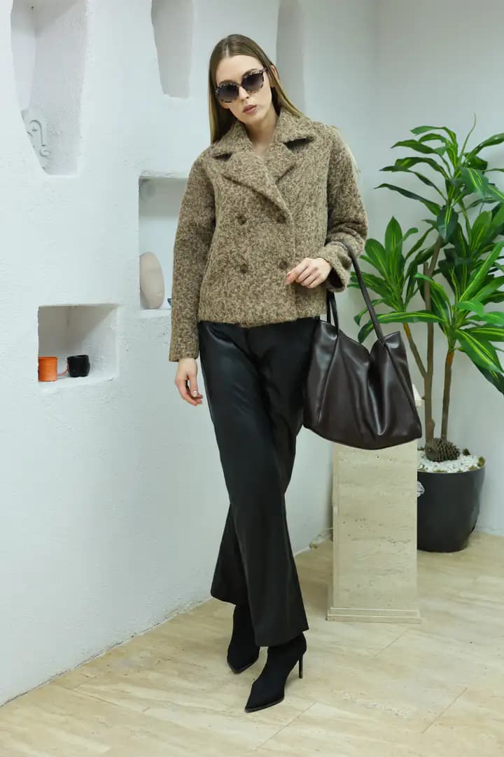 Kısa oversize yün KAHVE kaban