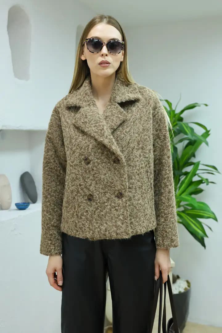 Kısa oversize yün KAHVE kaban