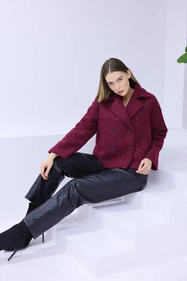 Kısa  oversize yün BORDO kaban