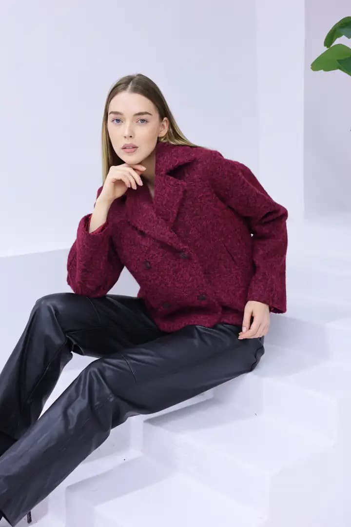 Kısa  oversize yün BORDO kaban
